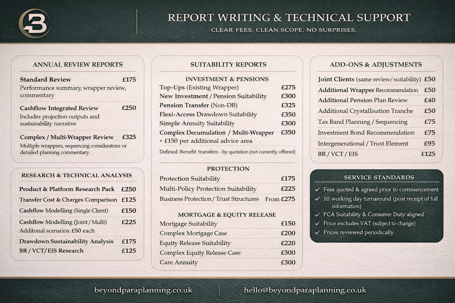 Beyond report writing and technical support pricing menu